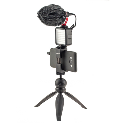 Tripod holder with microphone and light for phone