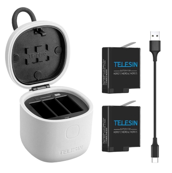 Комплект TELESIN - 2 батареї в зарядному боксі з кардридером для GoPro HERO7, HERO6 та HERO5 Black
