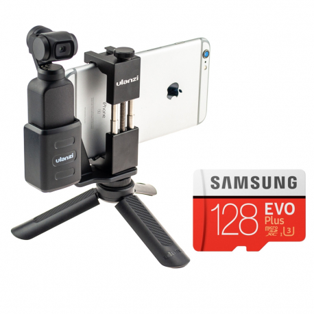 DJI OSMO Pocket with a phone trimachy, a tripod with a memory card