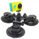 Large triple suction cup mount for action cameras, with a camera