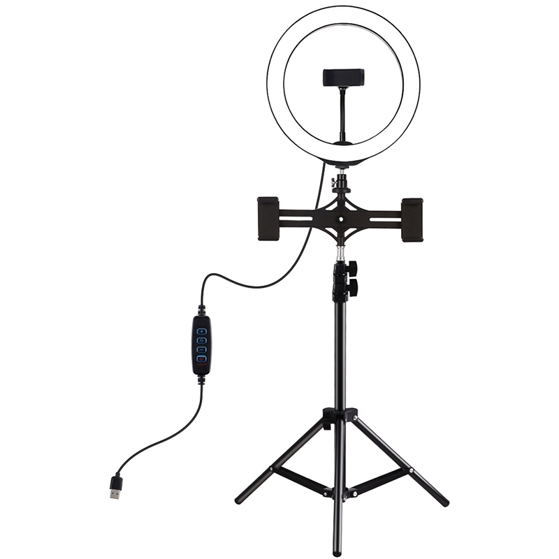 Кольцевая USB LED лампа Puluz 10,2'' (26 см) на штативе 110 см с двойным крепежом для телефонов, главный вид