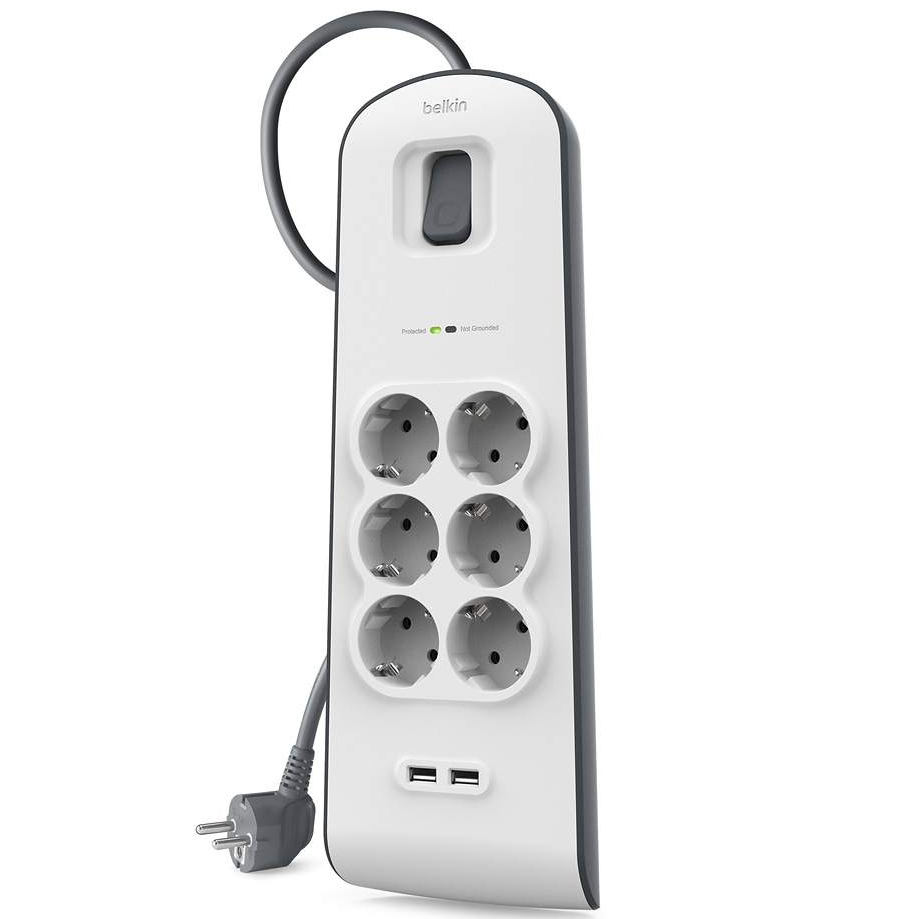 Сетевой фильтр Belkin с защитой от перенапряжения, 6 розеток, 2xUSB, 650 Дж, UL 500В, кабель 2 м, главный вид