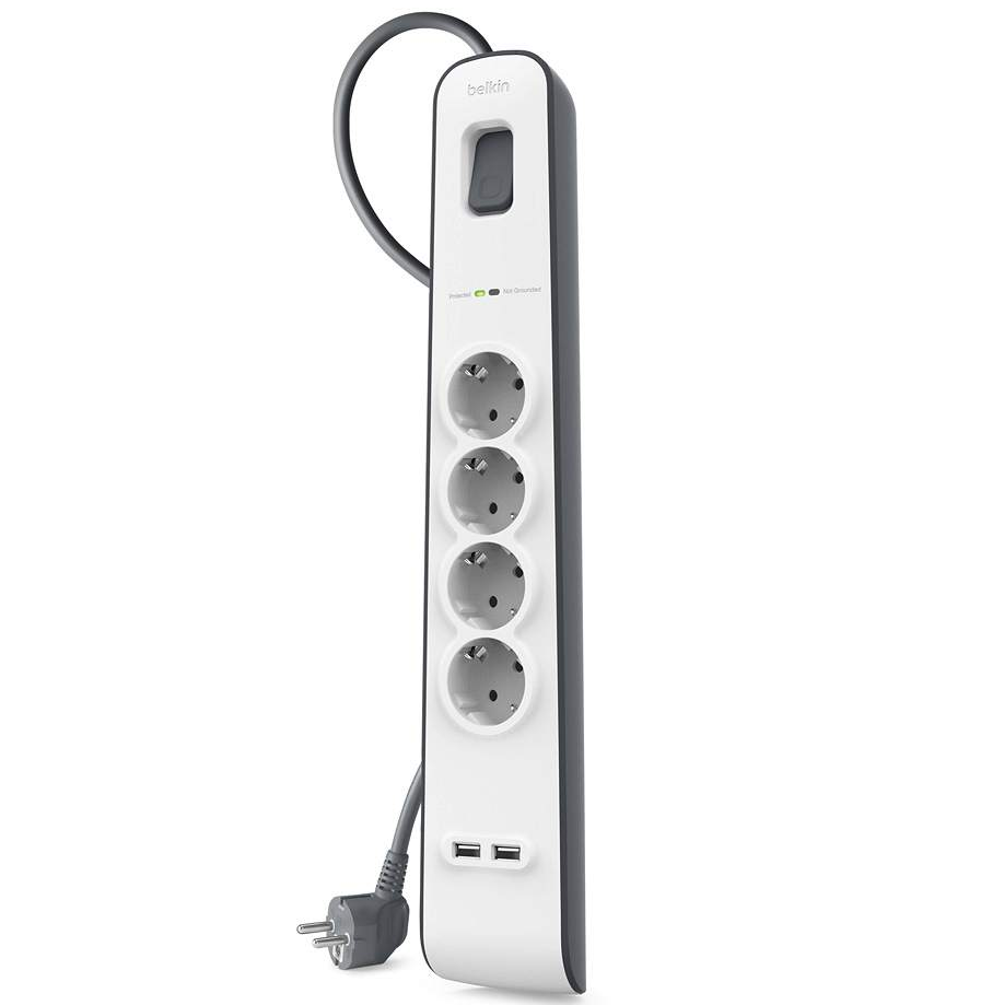 Сетевой фильтр Belkin с защитой от перенапряжения, 4 розетки, 2xUSB, 525 Дж, UL 500В, кабель 2 м, главный вид