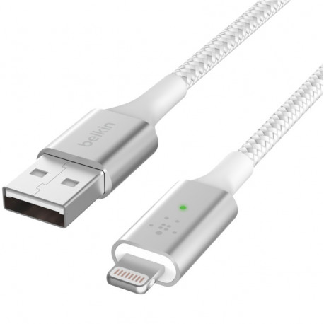 Кабель USB-A - Lightning, BRAIDED Smart LED, 1,2 м, белый