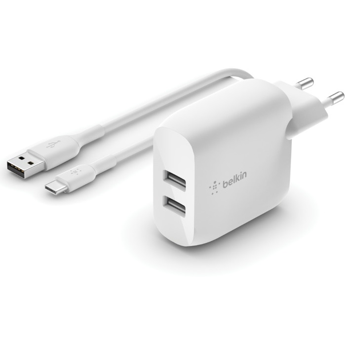 Мережевий зарядний пристрій Belkin Home Charger (24W) Dual USB 2.4A, з кабелем USB-C 1м, white