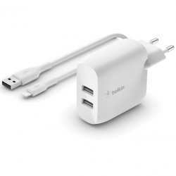 Сетевое зарядное устройство Belkin Home Charger (24W) Dual USB 2.4A, с кабелем Lightning 1м, white