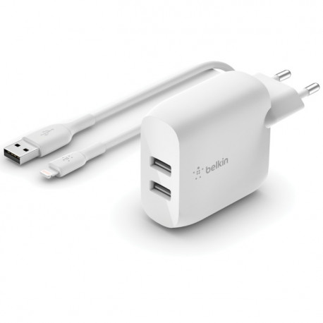 Мережевий зарядний пристрій Belkin Home Charger (24W) Dual USB 2.4A, з кабелем Lightning 1м, white
