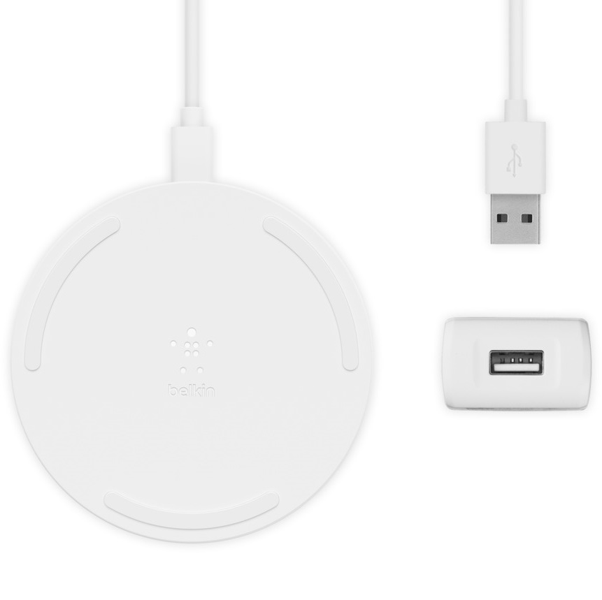 Беспроводное зарядное устройство Belkin Pad Wireless Charging Qi, 15W с адаптером питания, белое комплектация