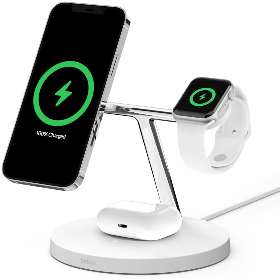 Беспроводное зарядное устройство Belkin MagSafe 3in1 для iPhone 12, Apple Watch, AirPods, белое