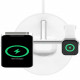 Беспроводное зарядное устройство Belkin MagSafe 3in1 для iPhone 12, Apple Watch, AirPods, белое вид сверху со смартфоном