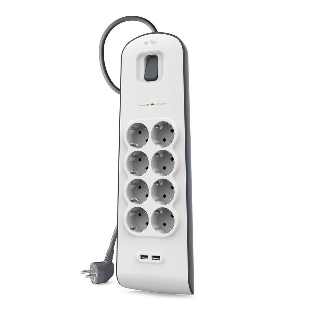 Belkin Surge Protector, 8 outlets, 2xUSB, 900 Joule, UL 500V, 2m cable, main view
