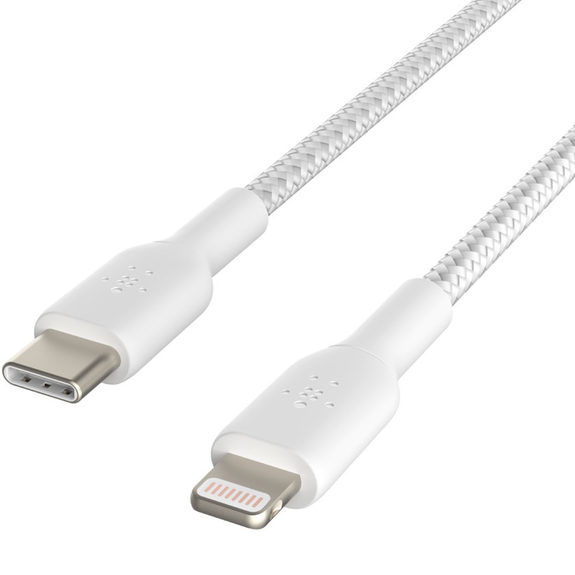 Кабель Belkin USB-С - Lightning, BRAIDED, 1 м, белый крупный план_1