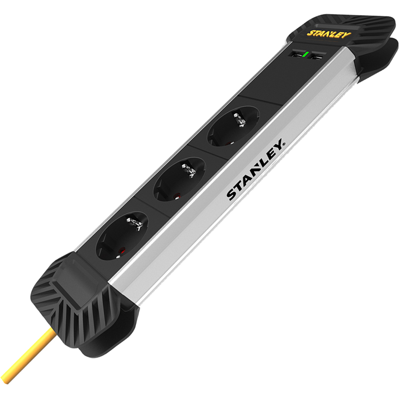 Сетевой фильтр Stanley 2 м, 3x1.5мм2, IP20, 3 розетки, 2 USB порта, алюминий