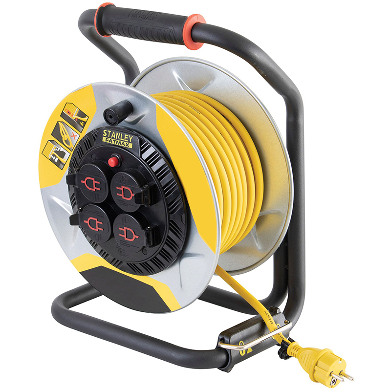 Подовжувач на котушці Stanley Fatmax 25 м, 3x2.5мм2, IP44, 3200Вт, 4 розетки з кришками, алюміній