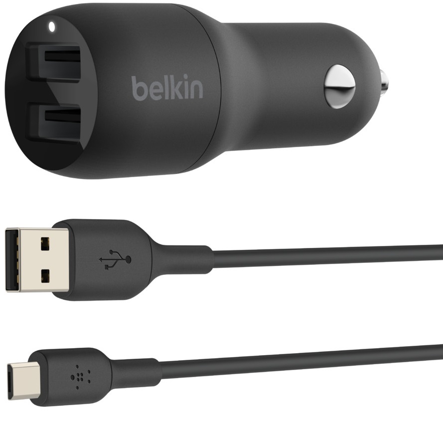Belkin Car Charger 24W Dual USB-A with USB-A/MicroUSB cable, black