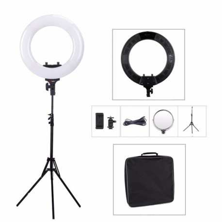 Tolifo R-48B Lite LED ring light on a stand with 2x NP-F750 batteries and a mirror, main view