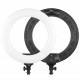 Tolifo R-48B Lite LED ring light on a stand with 2x NP-F750 batteries and a mirror, front and back view