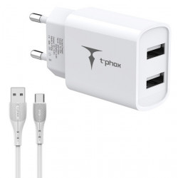 Мережевий зарядний пристрій T-phox TC-224, 2хUSB Type-A з кабелем USB Type-C