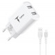 T-phox Wall charger  TC-224, 2хUSB Type-A with Lightning cable, overall plan