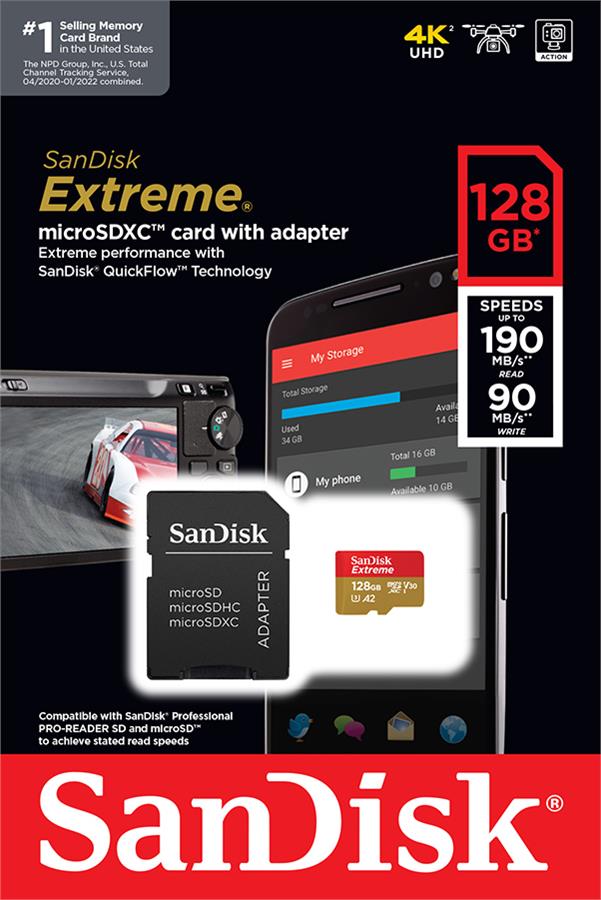 SanDisk Extreme A2  microSDXC memory card 128GB UHS-I V30 C10 U3 R190/W90MB