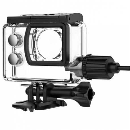 Waterproof box SJCAM SJ7 action camera with power cable, close-up